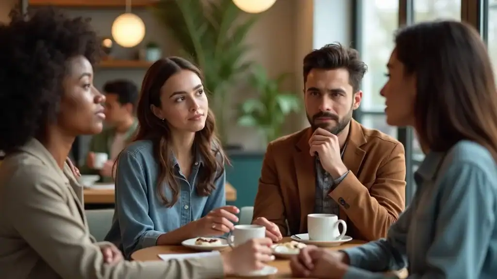 Insightful group discussing tips for mental well-being in a cozy café environment, diverse people in open conversation