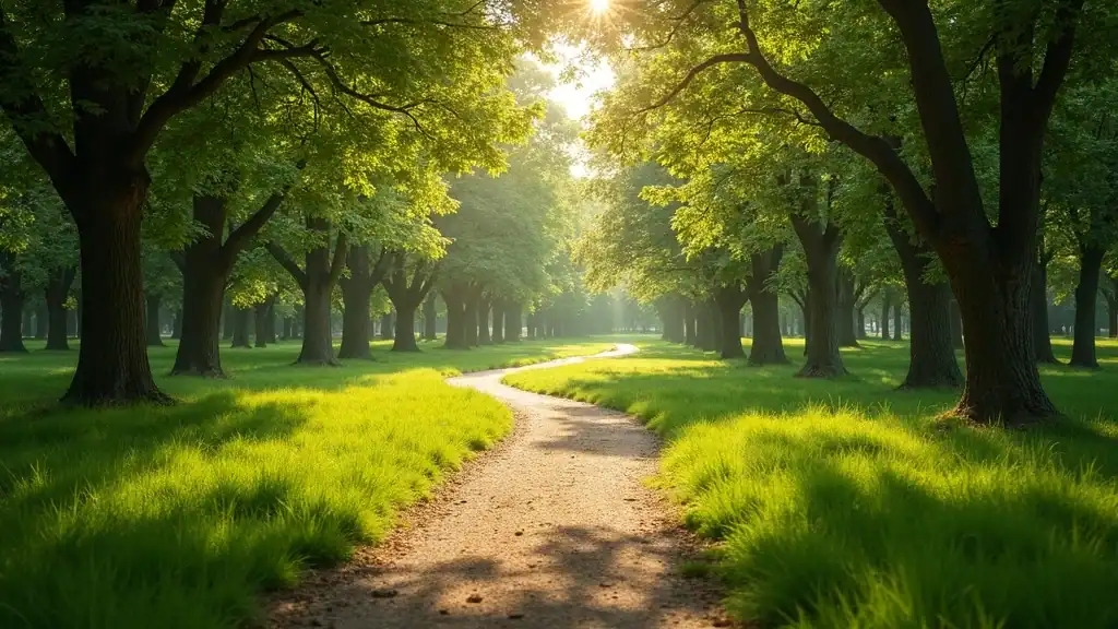 Two paths in a park symbolizing choices – healthy vs unhealthy coping mechanisms for bipolar disorder, green park setting, photorealistic
