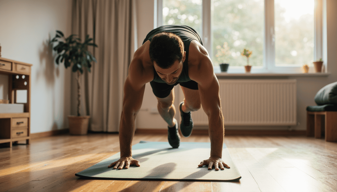 Man performing mountain climbers for core engagement and cardio in beginner bodyweight workout routine