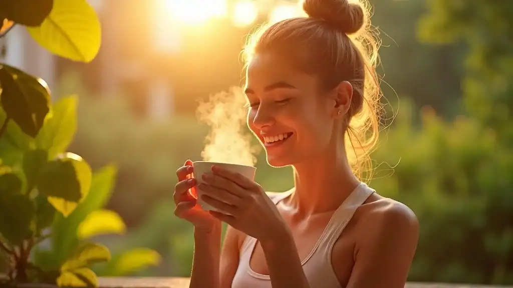 Active, fit individual enjoying a cup of herbal slimming tea at sunrise, illustrating weight loss, all slimming herbs, and healthy weight