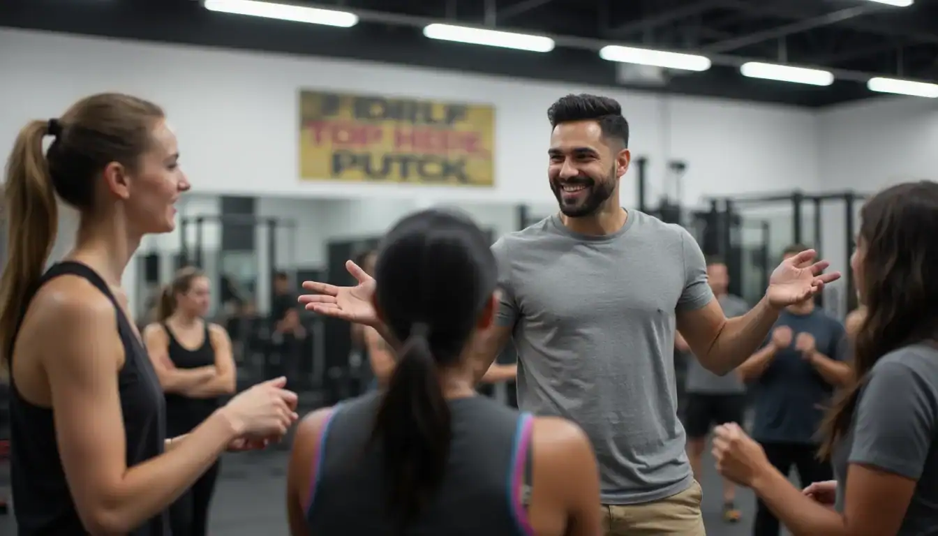 Enthusiastic fitness trainer advising a diverse class about the realities and myths of effective fat-burning exercises in a bright, motivational gym setting