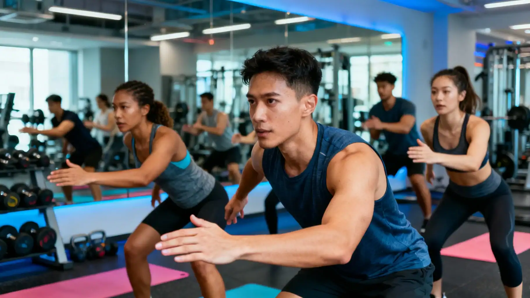 Motivated diverse group at gym focused and energetic performing synchronized fitness exercises in a modern, well-lit gym environment for fitness targets