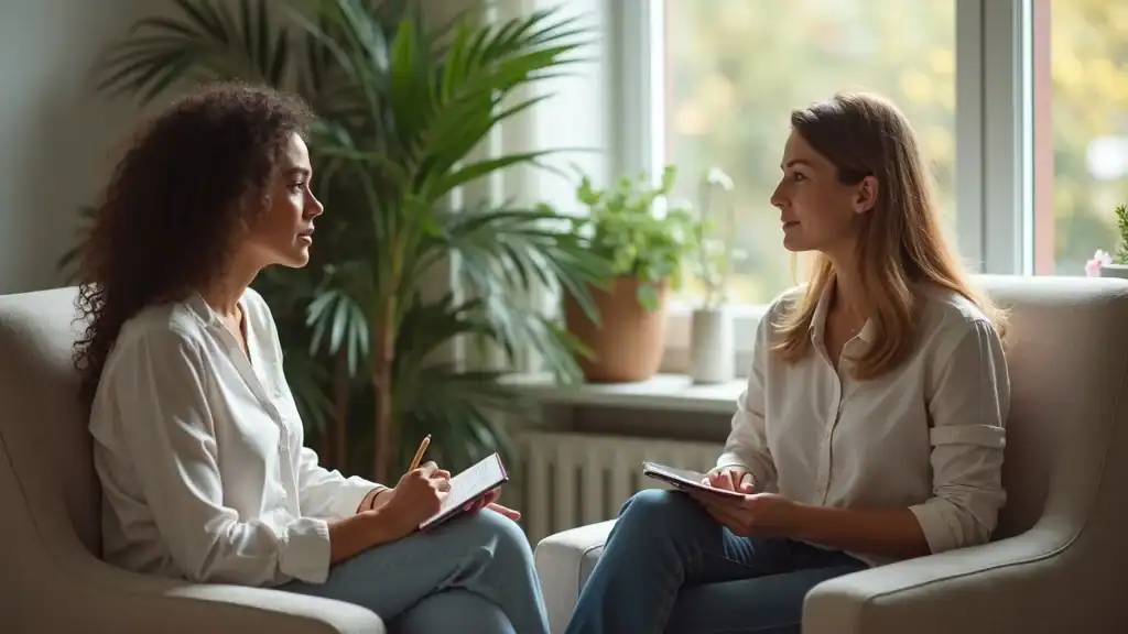 Professional therapist and client in empathetic mental health practices conversation