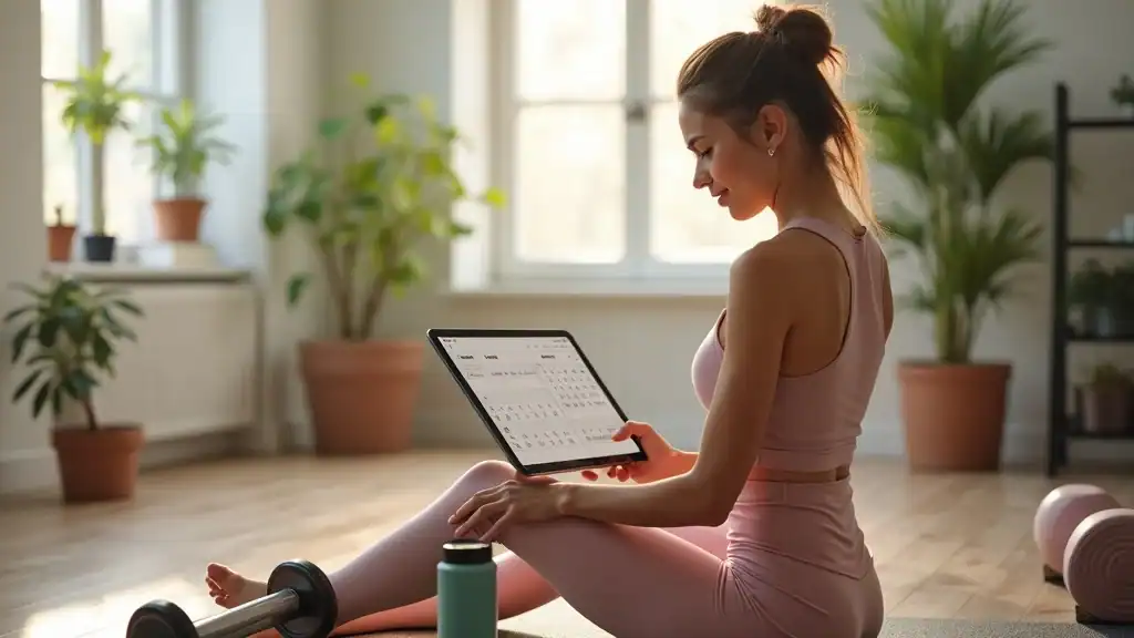 visualization of a weekly fitness plan targeting specific muscle groups, digital calendar and gym equipment