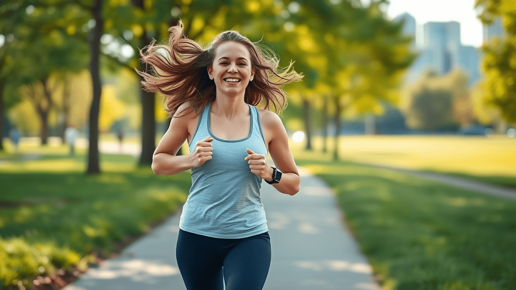 Energetic woman running outdoors on a scenic green path with a fitness tracker, showing effective fat-burning through engaging cardio exercise