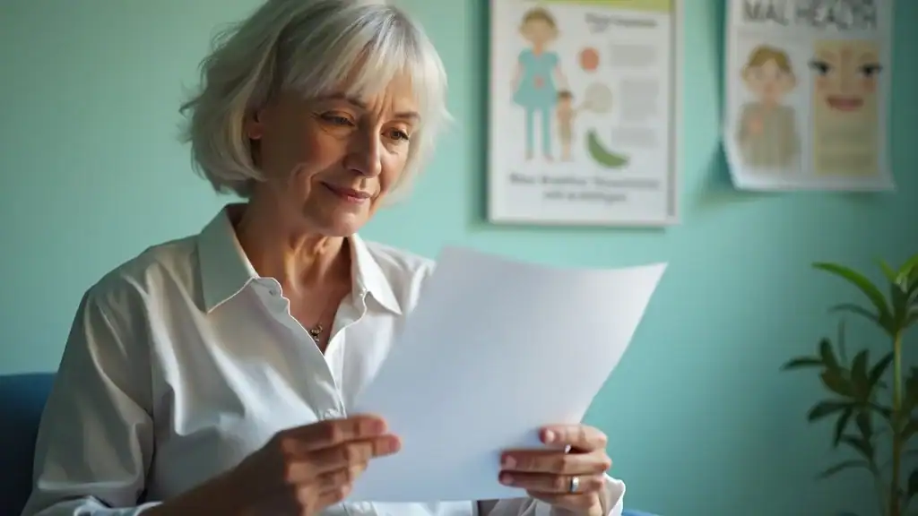 Thoughtful middle-aged woman reviewing a health report – coping strategies for bipolar disorder, calm and reflective, in a therapy office