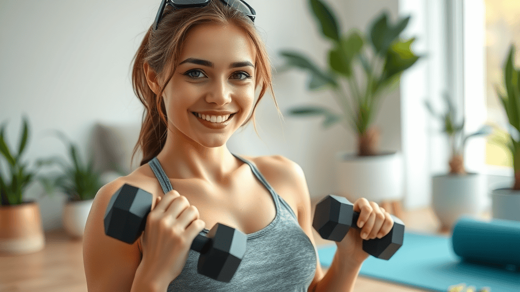 Confident young woman finishing a home workout - content, healthy, and energetic, with gentle stretching in a photorealistic, bright, and inviting home setting.