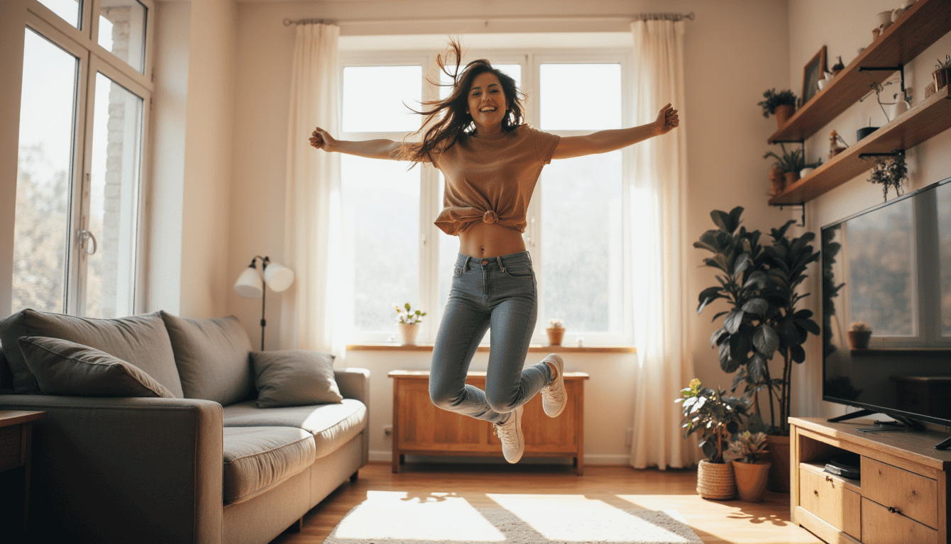 Woman doing jumping jacks at home, high energy calorie-burn move in a simple workout routine for beginners
