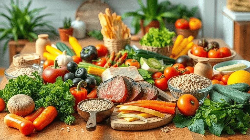 Weight loss tips for beginners: Colorful healthy foods, proteins, and grains arranged for meal planning