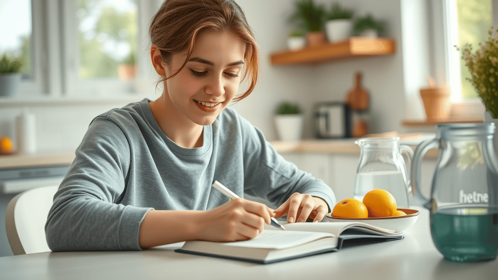 Young adult writing in a food diary at a sunlit kitchen table, surrounded by fruit and a water pitcher, photorealistic, dynamic, natural color palette, no text.