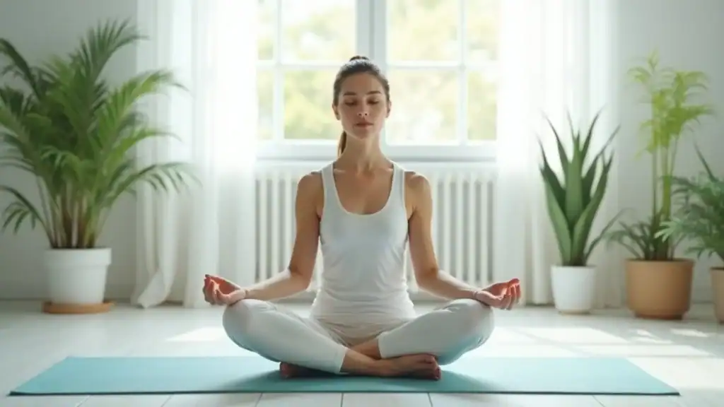 Mindfulness meditation for stress management in bipolar disorder, serene adult, yoga mat, peaceful bright room, indoor plants.
