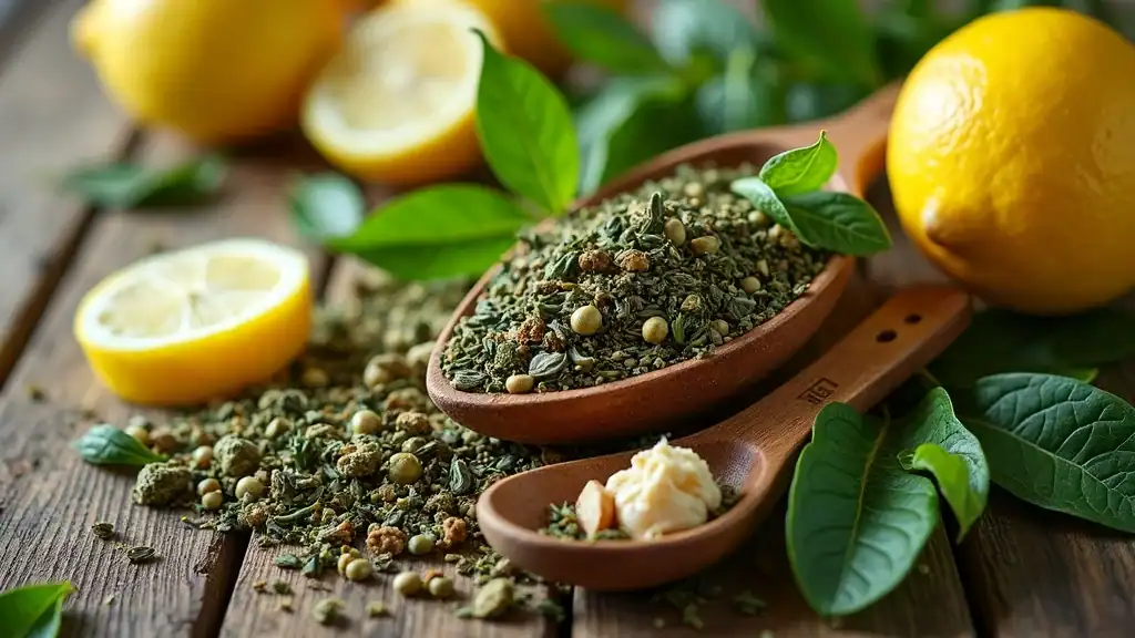 Vibrant display of fresh slimming herbal ingredients including green tea leaves, dandelion root, oolong, and lemon, illustrating all slimming herbs and health benefits on a rustic wooden background