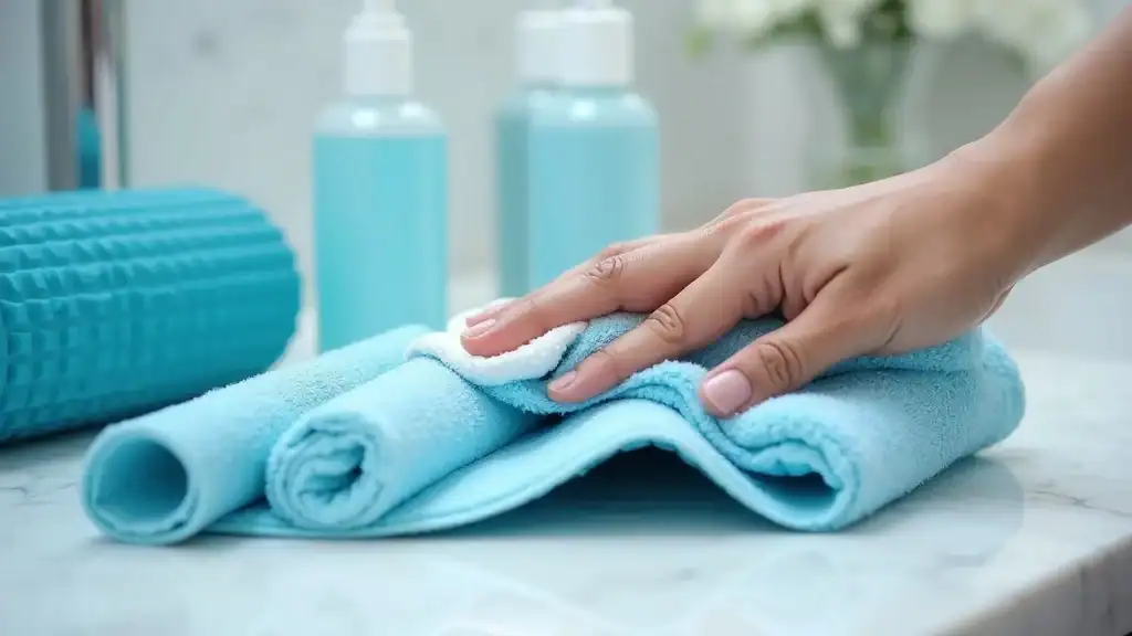 Close-up of clean travel workout gear being wiped down on marble counter, travel workout equipment must-haves maintenance