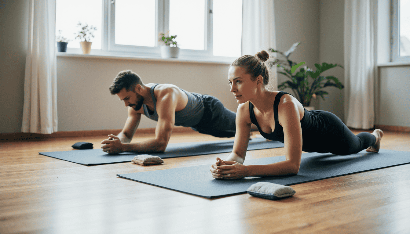 Male and female beginners maintaining proper plank form, core strength in a bodyweight exercise for simple workout routines for beginners