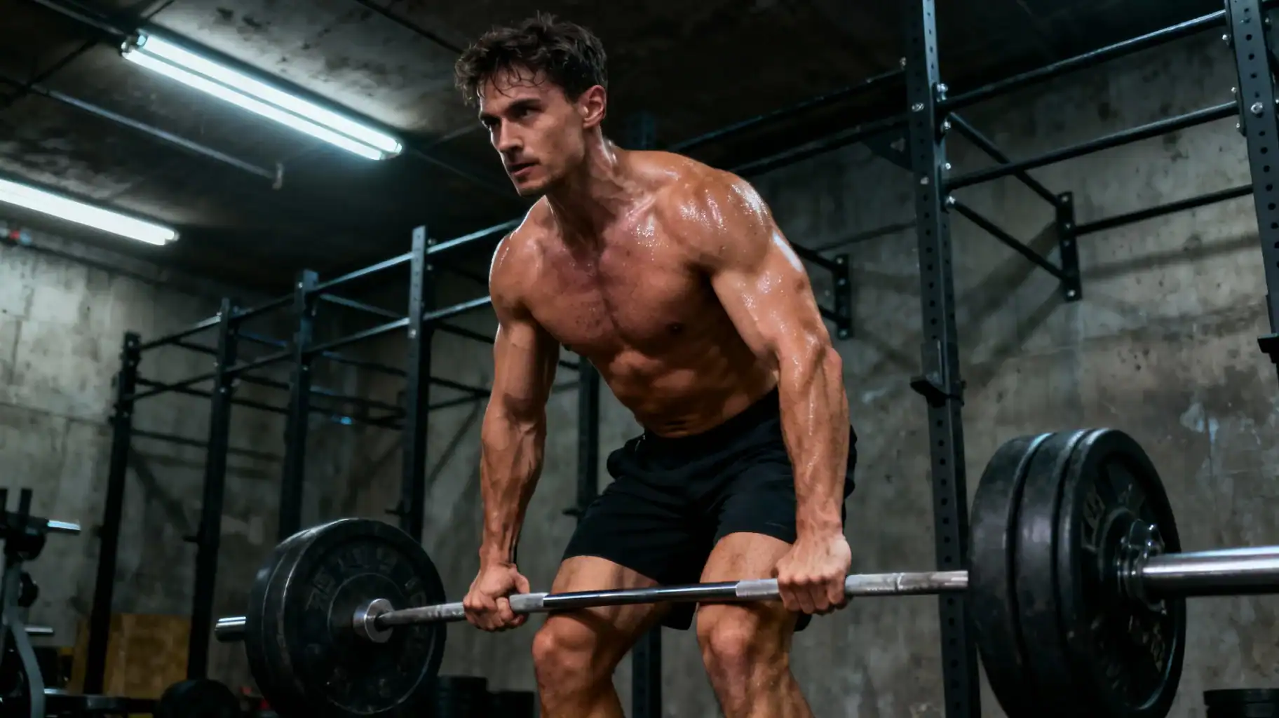 Focused weightlifting scene with individual performing a deadlift for muscle growth and strength with fitness targets in an industrial gym