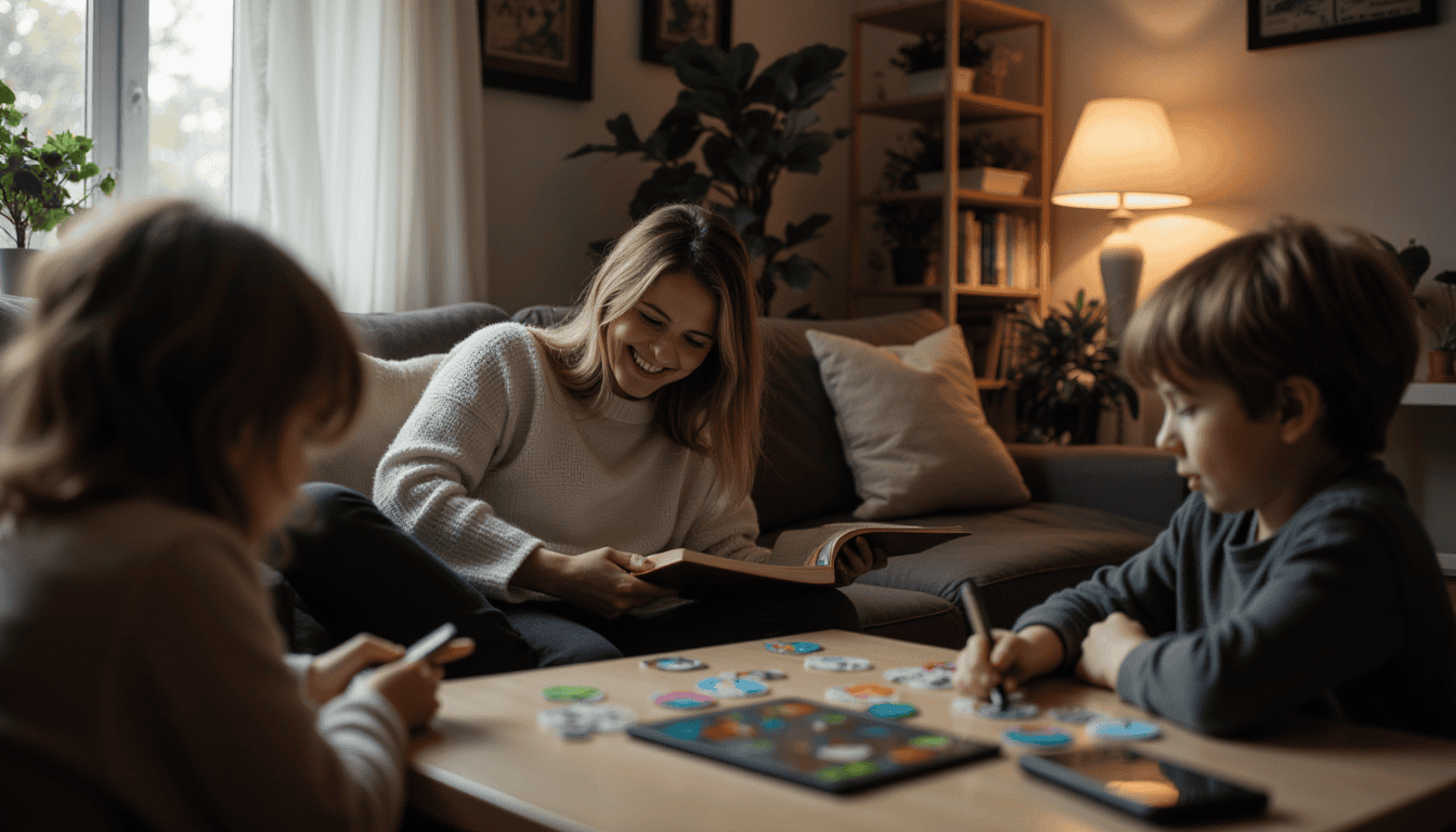 Family reducing screen time by enjoying offline activities together