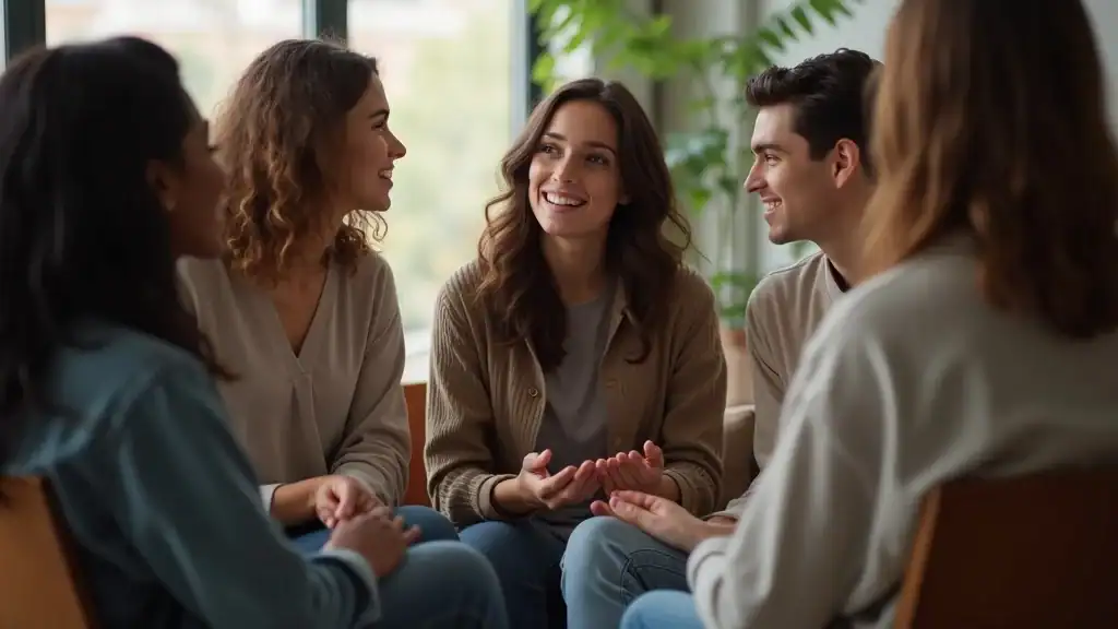 Compassionate young adult group engaging in supportive conversation about mental health practices in a welcoming community center