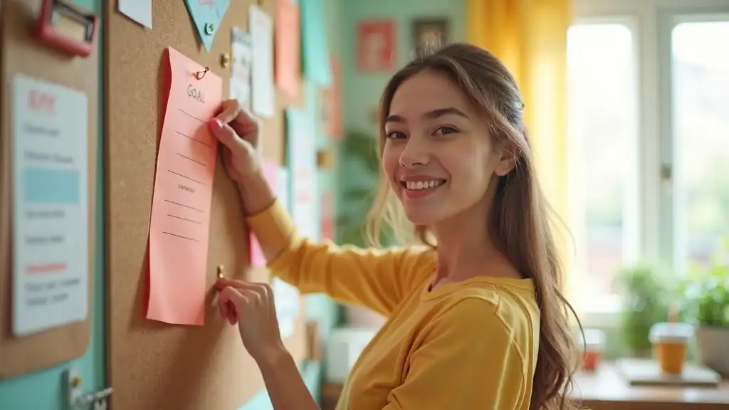 Optimistic young woman pinning goal list for consistent mental health practices