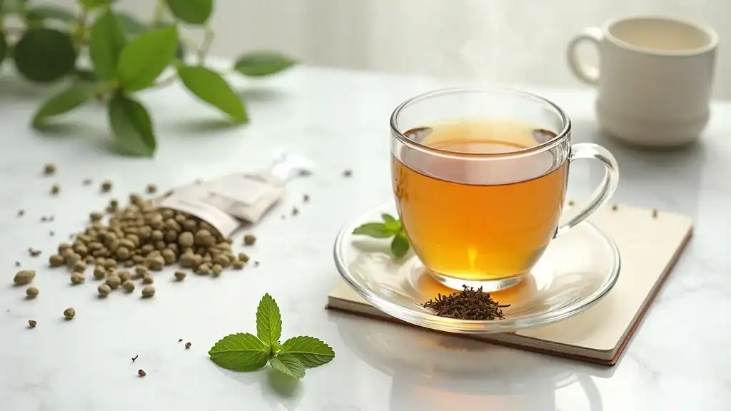 Modern flat lay of loose slimming herbs and herbal tea bags with a clear mug of steaming tea, highlighting slimming herb, all slimming herbs, and energy level in a serene photorealistic setting