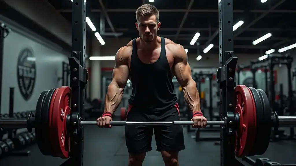 athlete practicing progressive overload by increasing barbell weight, targeting specific muscle group in modern gym