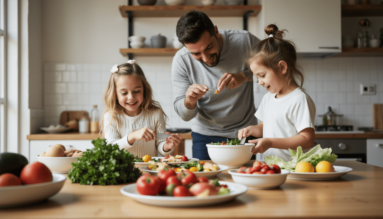 Family practicing healthy eating habits around kitchen table