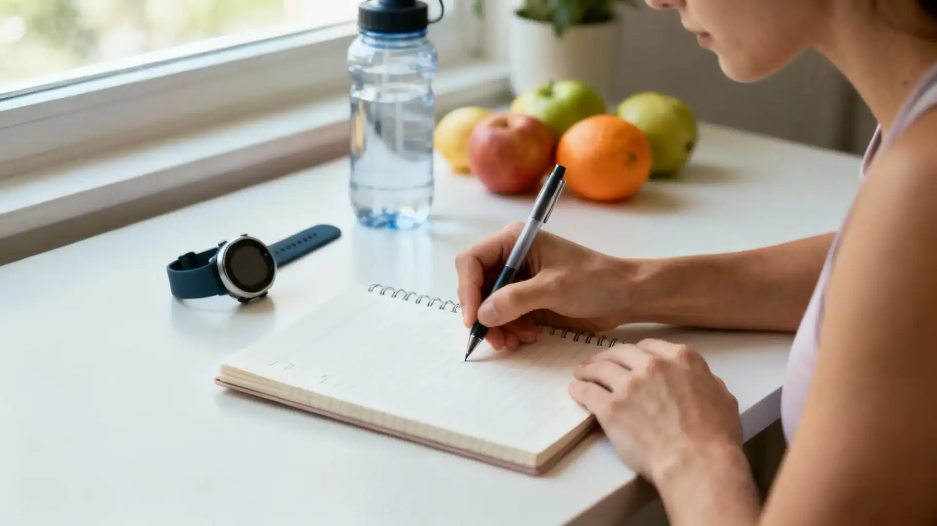 Organized fitness journal setup calm thoughtful person writing fitness goals in a notebook with fitness targets and sports watch