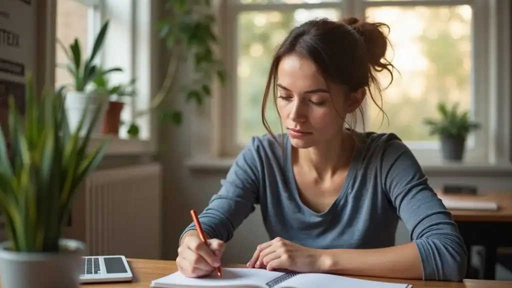 Focused individual journaling their weight loss progress, hopeful and determined in a cozy home office, photorealistic, crisp detail, soft morning light