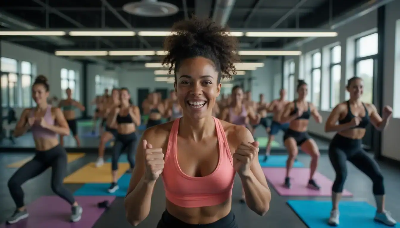 Diverse group of men and women performing coordinated bodyweight exercises such as jump squats and mountain climbers in a modern, sunlit workout space