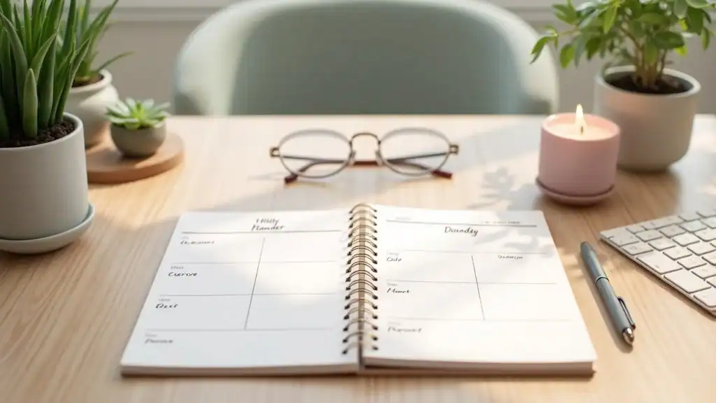 Daily routine planner as stress management tool for bipolar disorder, organized workspace, calming pastel colors, houseplants.