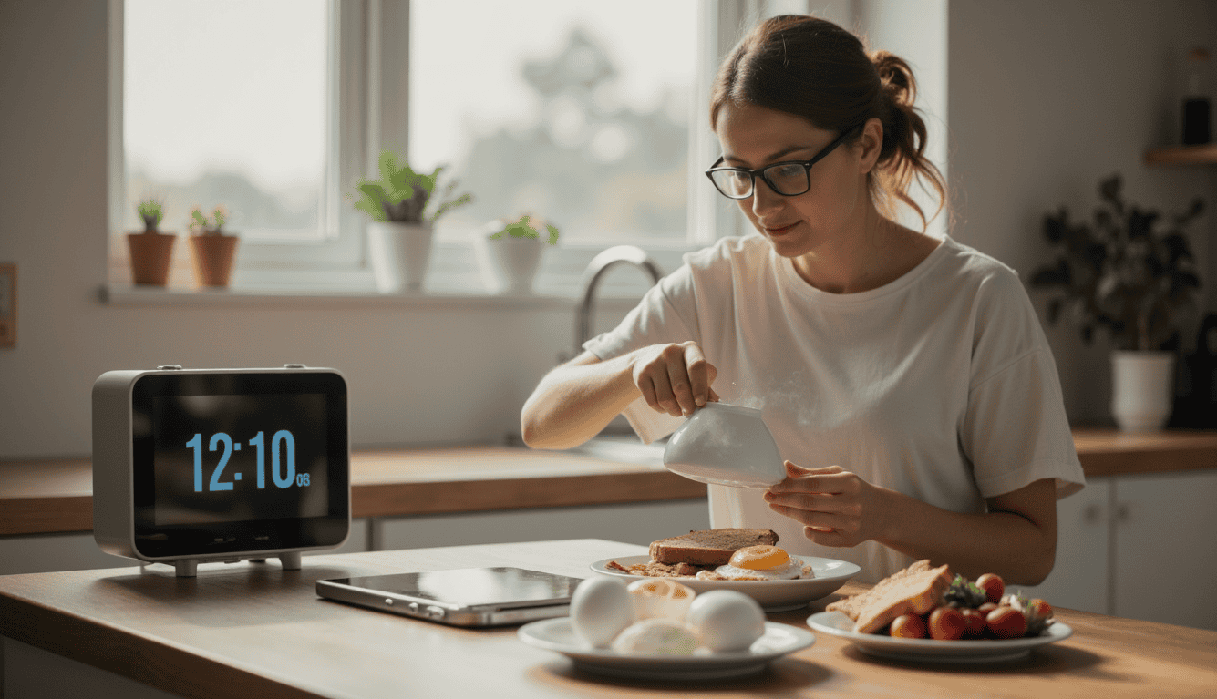 intermittent fasting and weight loss tips without exercise, adult breaking fast with nutritious meal, kitchen clock at noon