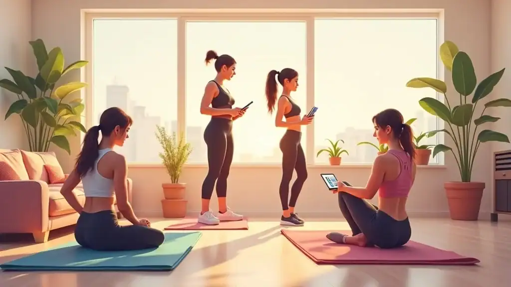 People tracking fitness challenge progress on apps in a living room, demonstrating how modern tools support fitness challenges and rewards