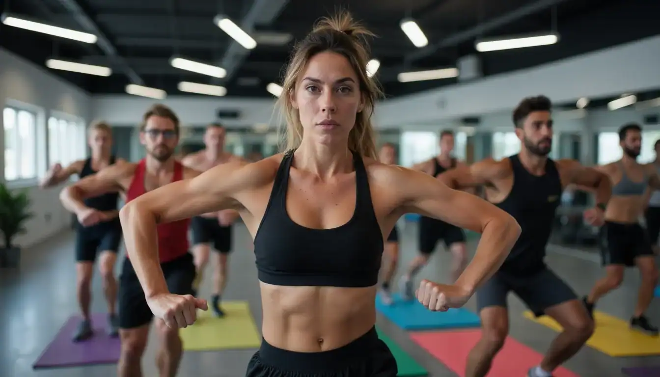 Energetic group performing effective fat-burning exercises with intense motion in a modern gym setting, reflecting high-intensity interval training and diverse participation, captured with visible sweat and natural body movement