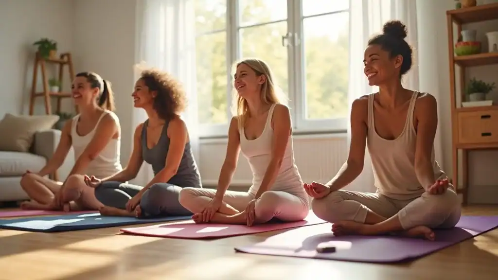 Supportive group of diverse moms achieving fitness goals for moms together – supportive, stretching, natural living room, sunlight, pastel accents, modern realism