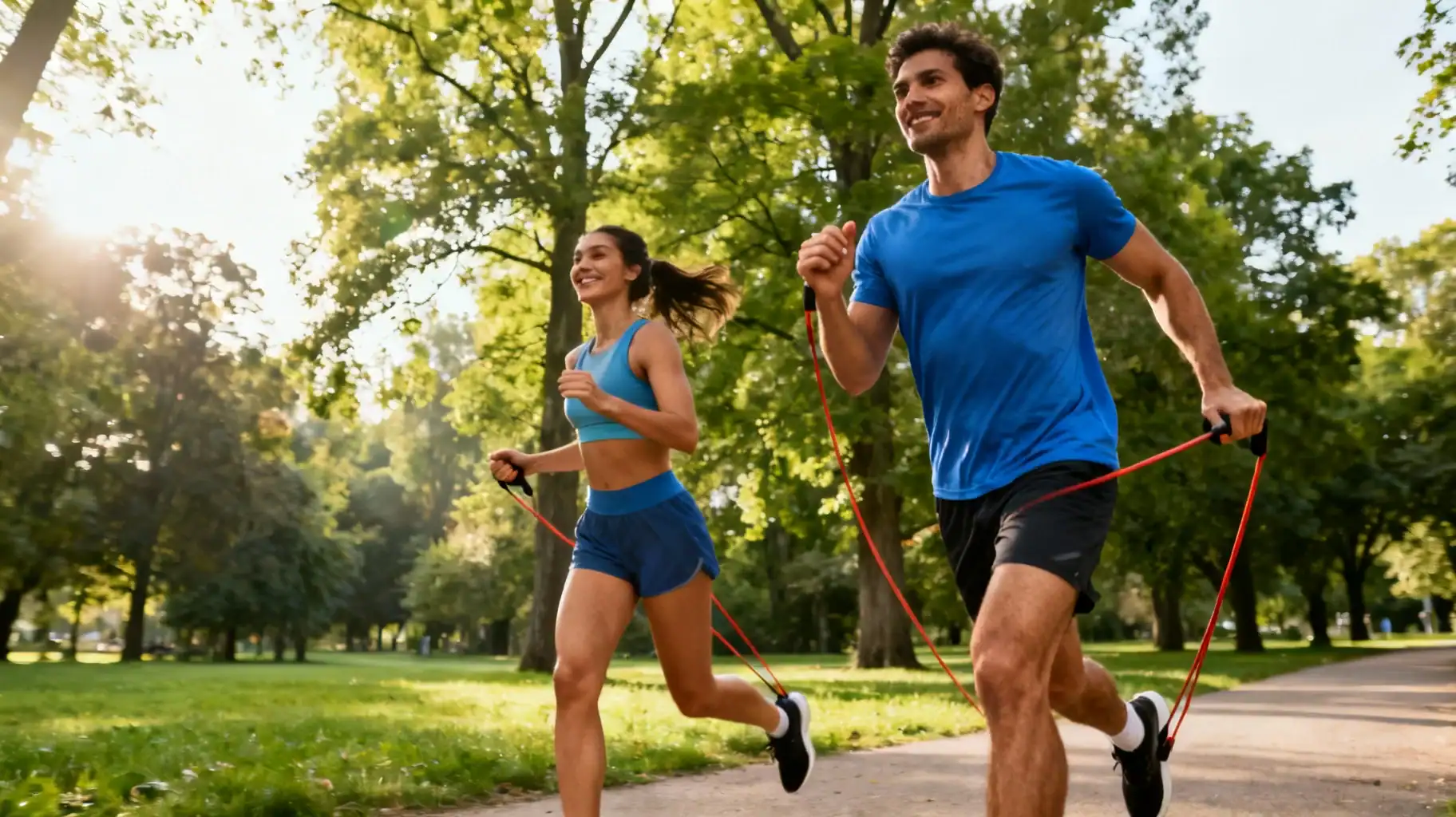 Active duo training outdoors alternating between running and resistance band exercises for fitness targets in a lush park