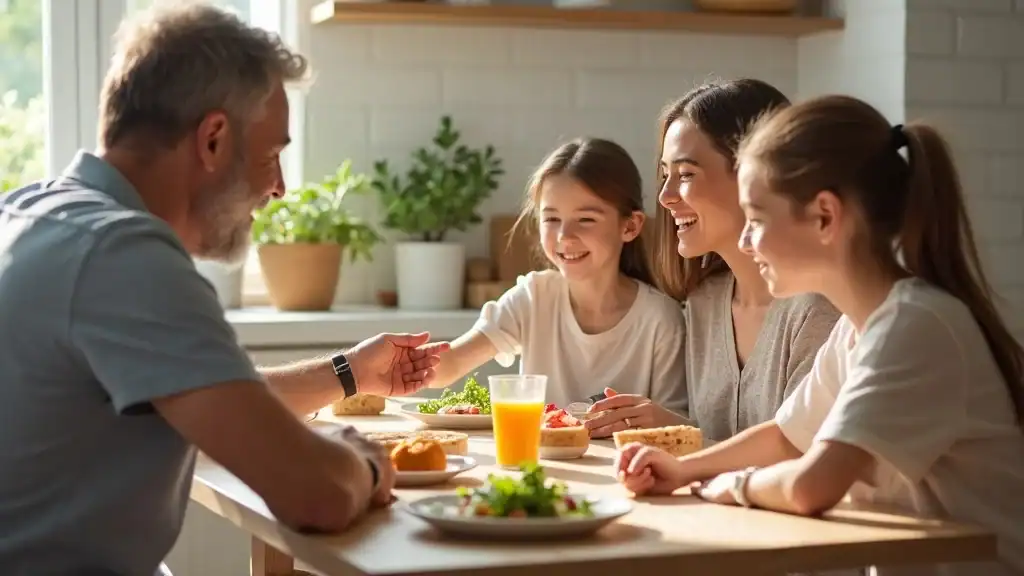 Supportive family members helping manage bipolar disorder, dinner conversation in sunlit kitchen, healthy food and teamwork.