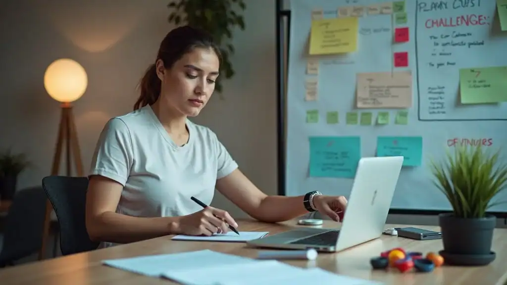 Wellness coordinator planning a successful fitness challenge, outlining the steps of developing fitness challenges and rewards