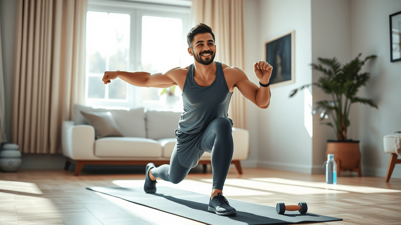 Weight loss tips for beginners: Exercising at home, beginner doing bodyweight lunges with natural sunlight