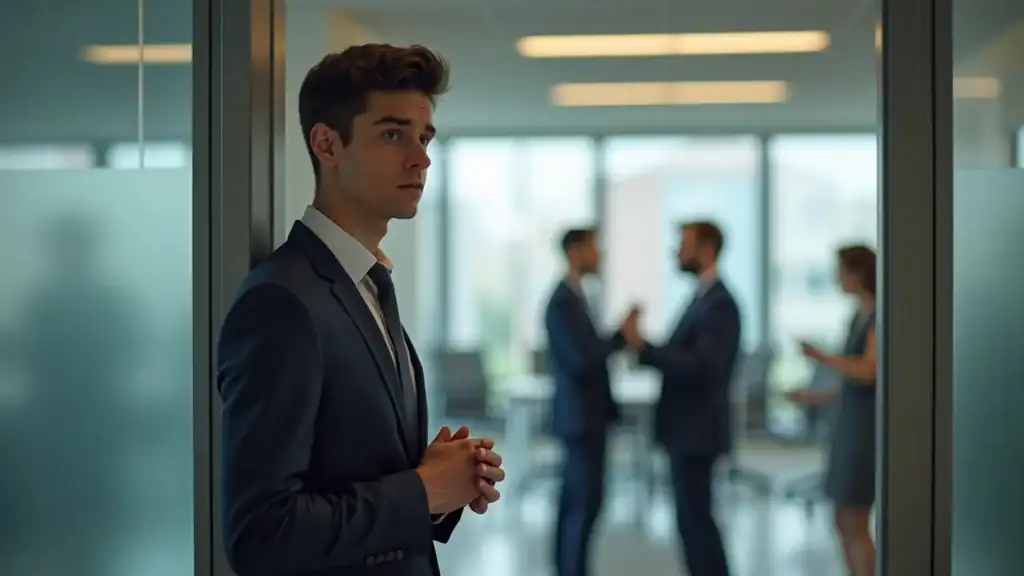 Young adult hesitating in an office setting, displaying symptoms of social anxiety disorder, such as nervous posture and trembling hands as common signs of anxiety disorder