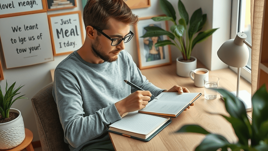 Easy weight loss tips at home journaling progress realistic goals cozy home setting motivational