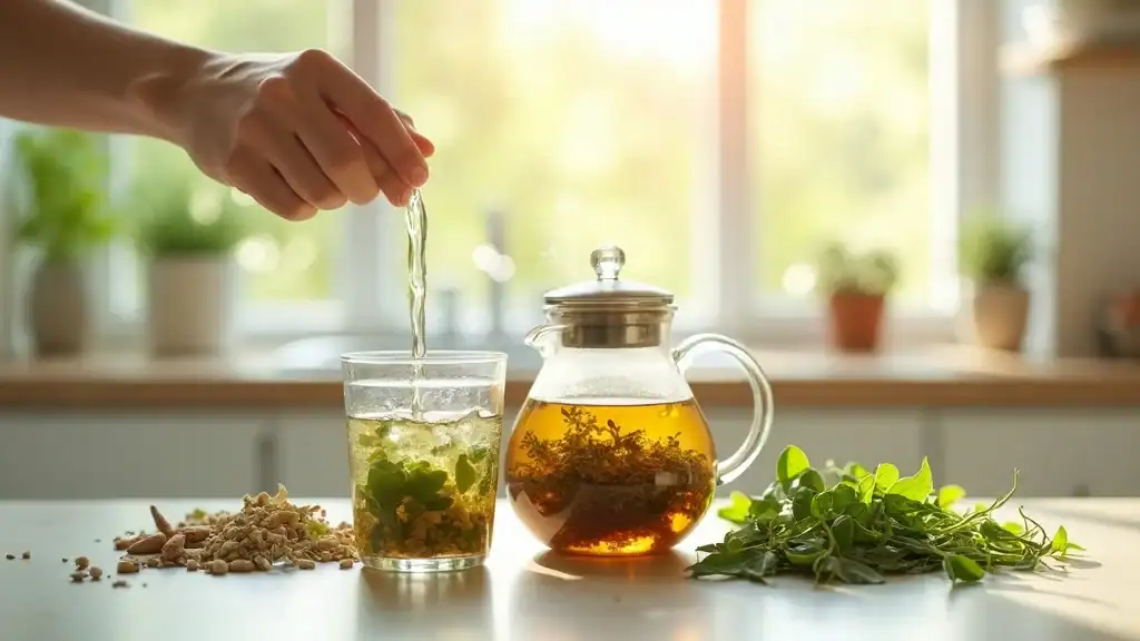 Inviting assortment of herbal teas set on a clean, modern kitchen counter with a glass teapot of all slimming herbs — emphasizing slimming tea, energy level, and healthy weight in a photorealistic, bright kitchen