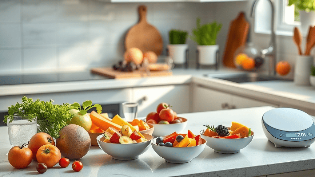 mindful eating preparations for weight loss tips without exercise, healthy meals, fruits, kitchen scale, clean daylight kitchen