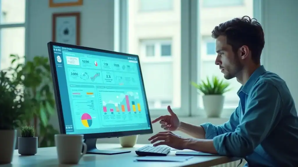 Calm, focused adult reviewing stress-related statistics for stress management activities for adults in a modern home office, with natural daylight and blue-green tones, highlighting mental health and stress level