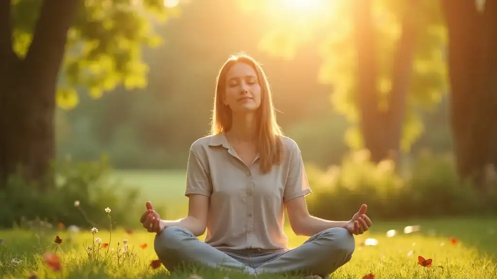 Young adult practicing mindfulness meditation outdoors for mental well-being in a tranquil garden