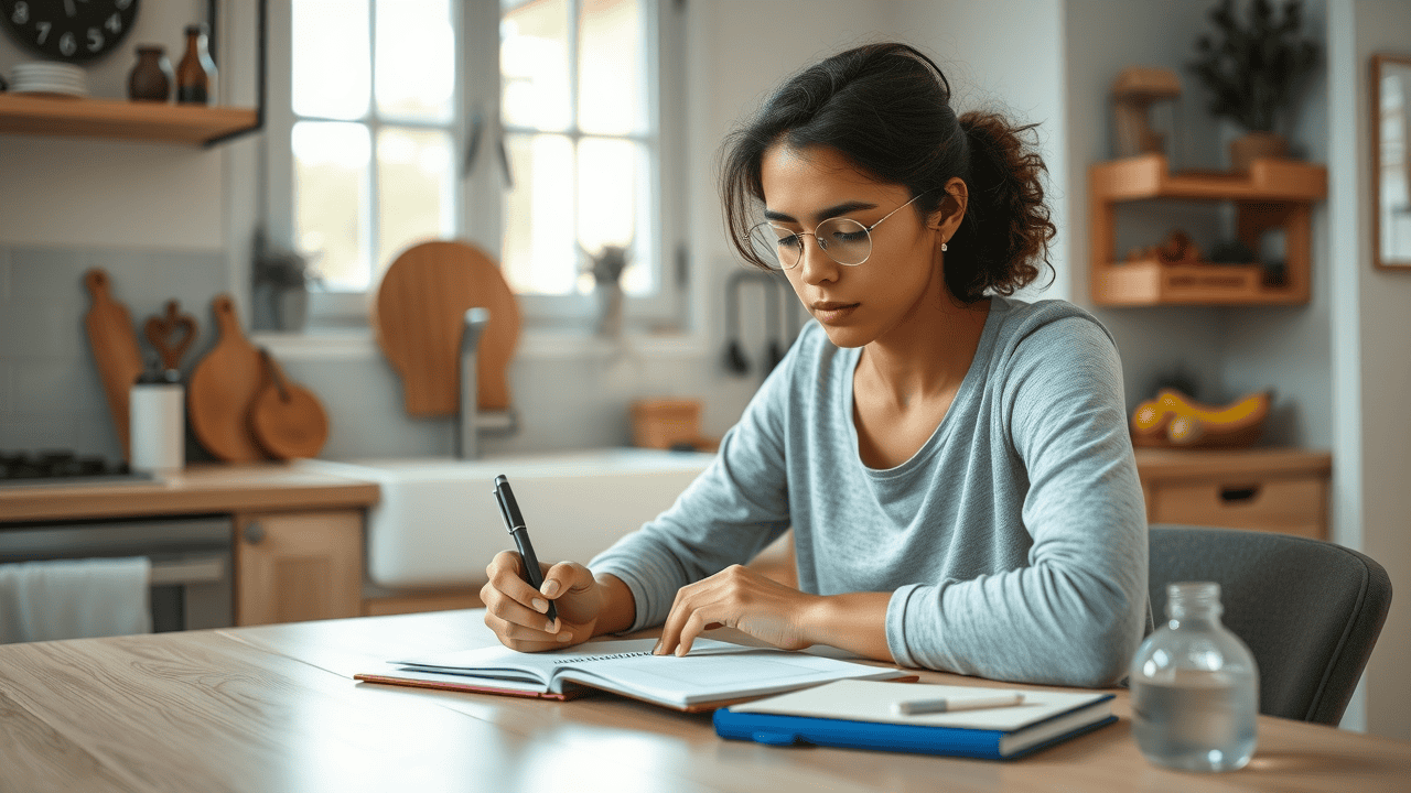 Young adult planning beginner workout routine with notepad, focused on fitness goals at kitchen table