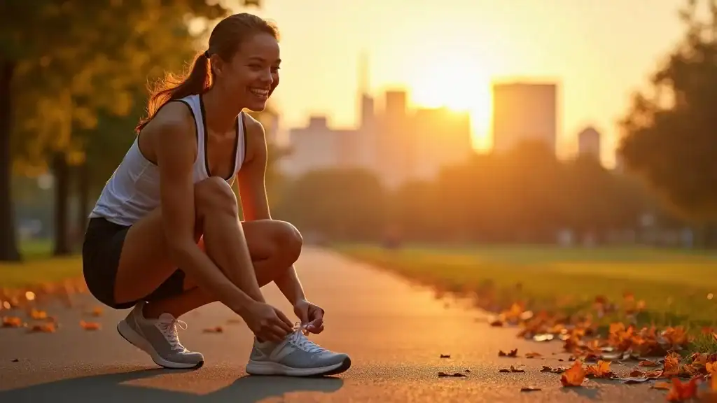 Resilient person tying their running shoes, optimistic and focused, in a park during sunrise, photorealistic, sharp clarity with motivational colors
