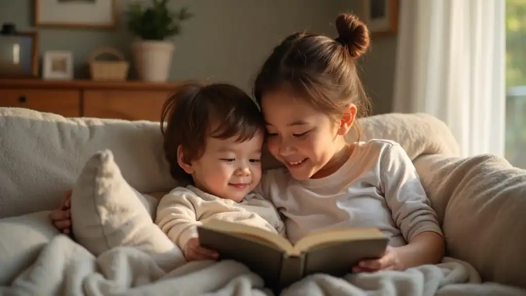 Caring parent and child supporting youth mental health, reading together in a comfortable home setting