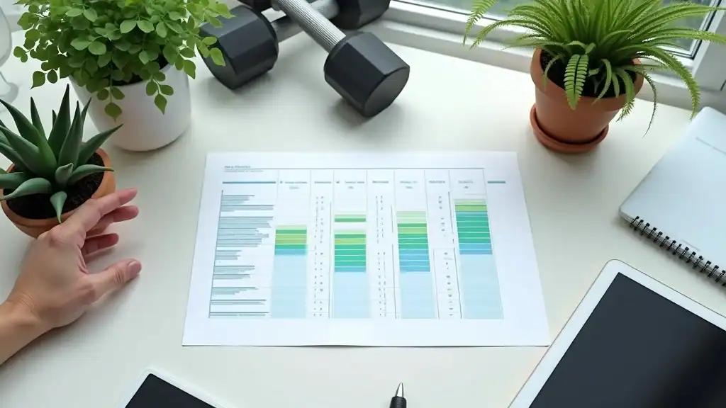Modern tabletop scene displaying a colorful comparison chart of great cardio workouts at home, including data on calories burned and skill levels — photorealistic, modern workspace with plants and dumbbells