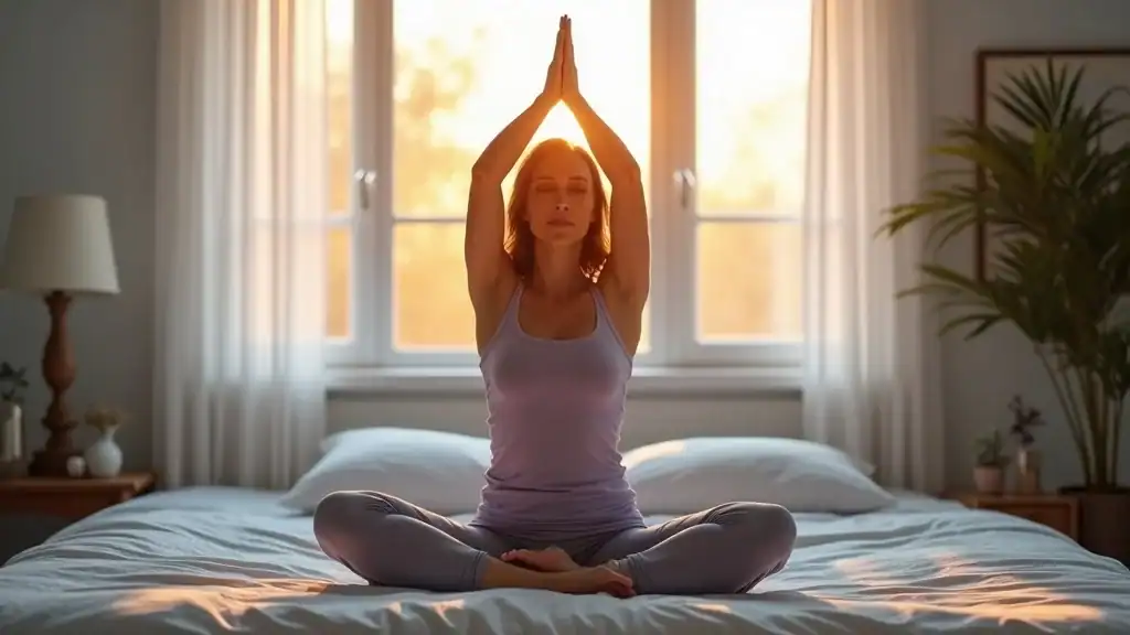 Middle-aged woman practicing morning yoga for stress management techniques for women, calm and composed mid-stretch in a softly-lit bedroom.