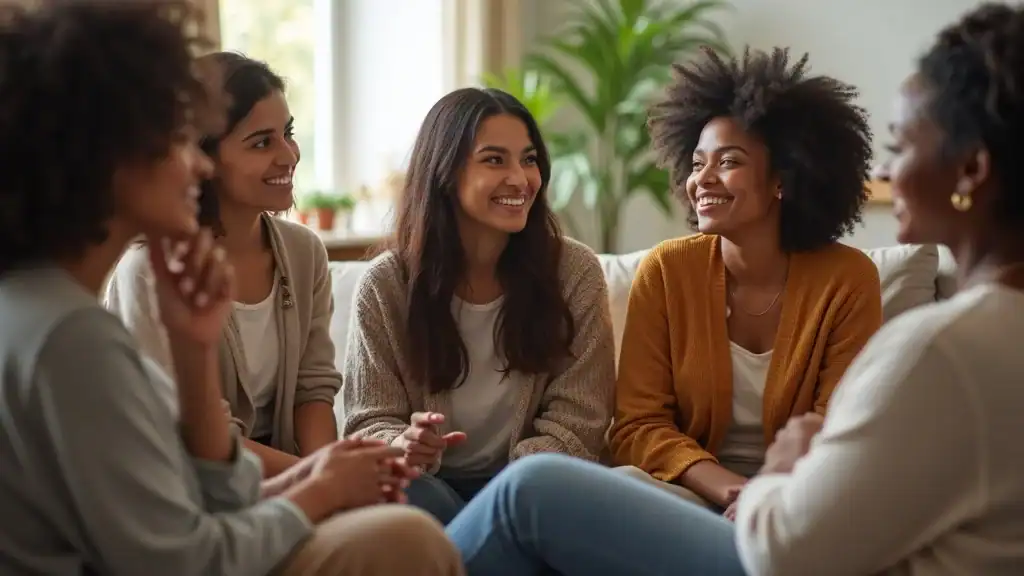 Diverse group of women practicing stress management techniques for women in a supportive community setting, exhibiting peaceful and thoughtful interactions in a calm environment.