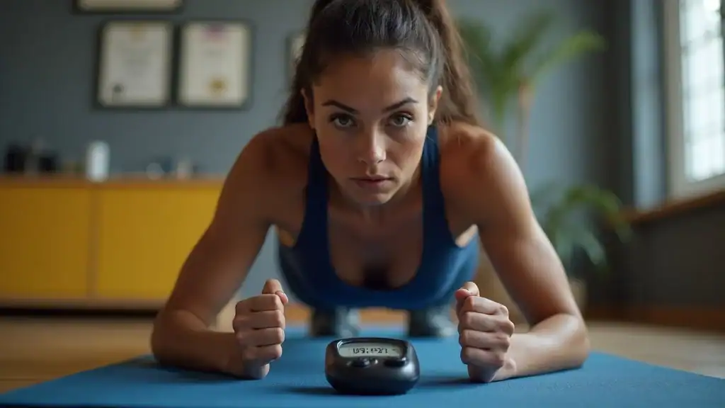 Focused athlete measuring plank time during intense cardio workouts at home to track progress